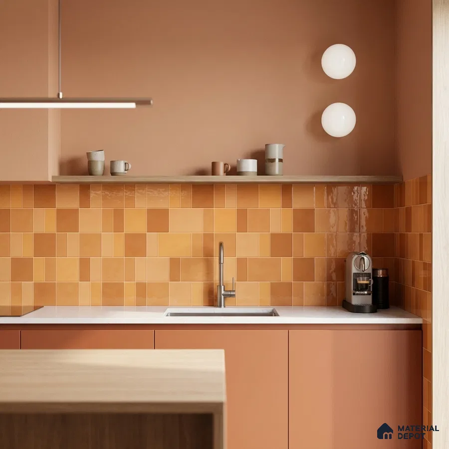 Scandinavian kitchen with terracotta laminate cabinets and orange square backsplash tiles