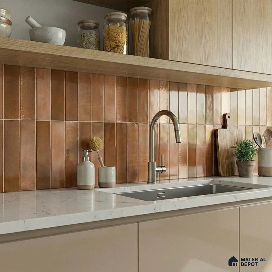 Scandinavian kitchen with terracotta vertical subway backsplash tile and white marble countertop