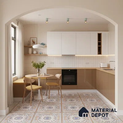 Scandinavian kitchen with white and beige laminate, patterned moroccan floor tiles, and minimalist backsplash in Bengaluru