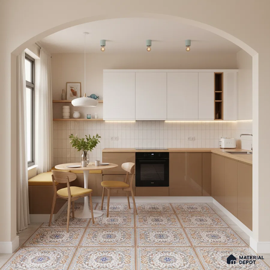 Scandinavian kitchen with white and beige laminate, patterned moroccan floor tiles, and minimalist backsplash in Bengaluru