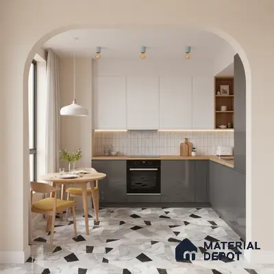Scandinavian kitchen with white and grey laminate cabinets, wood countertop, and geometric marble-look floor tiles in Bengaluru