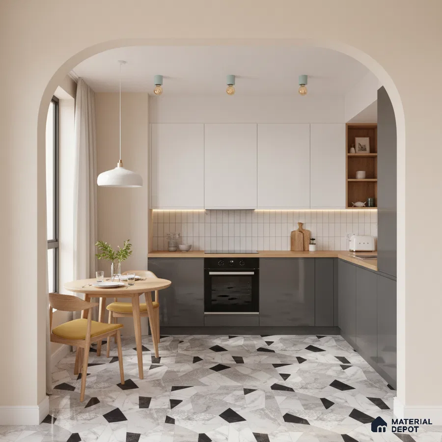 Scandinavian kitchen with white and grey laminate cabinets, wood countertop, and geometric marble-look floor tiles in Bengaluru