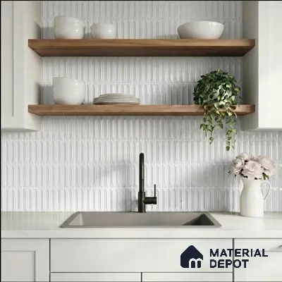 Scandinavian kitchen with white geometric backsplash tile, white quartz countertop, and natural wood open shelves