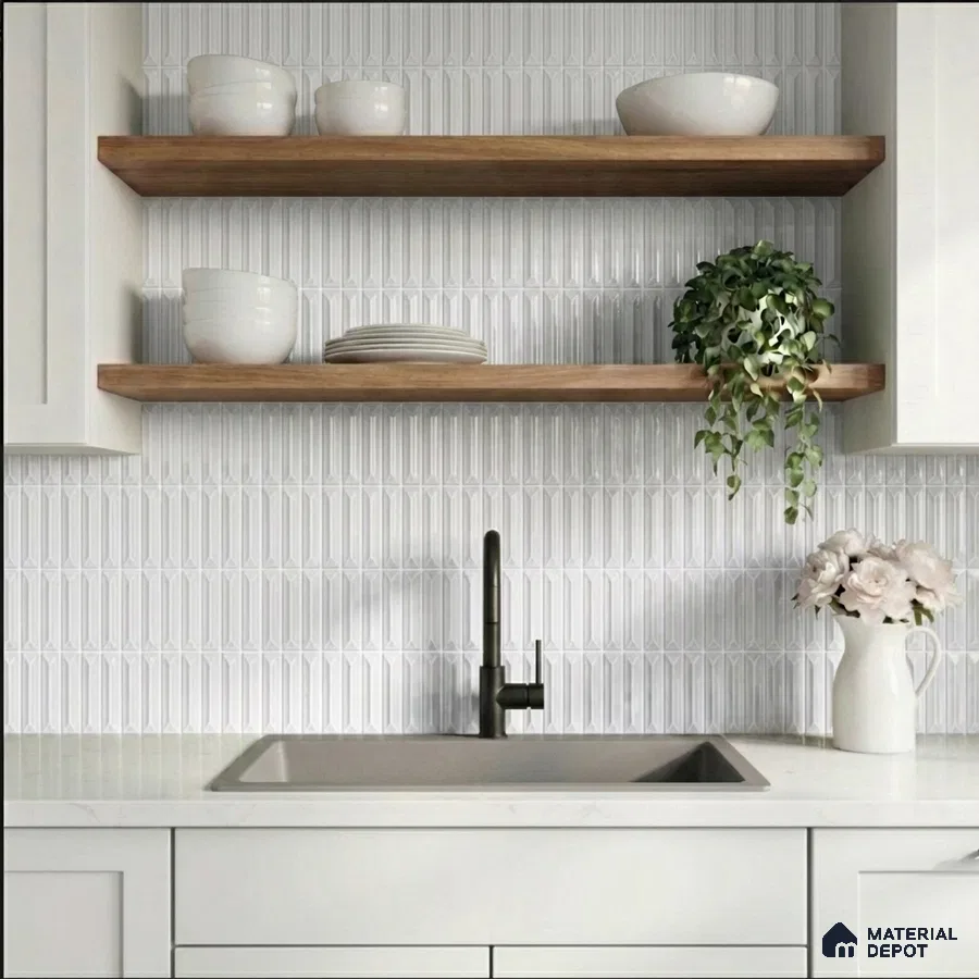 Scandinavian kitchen with white geometric backsplash tile, white quartz countertop, and natural wood open shelves