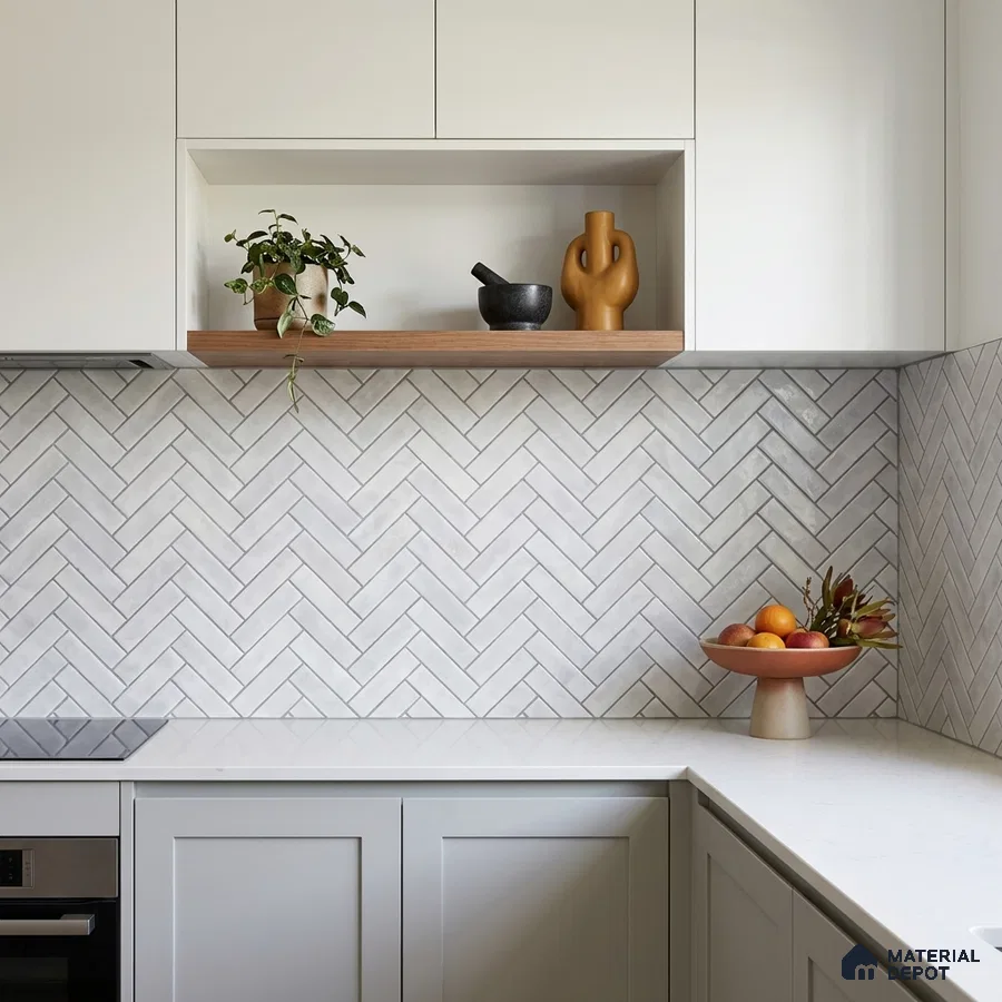 Scandinavian kitchen with white herringbone subway tile backsplash and frosty white laminate cabinets