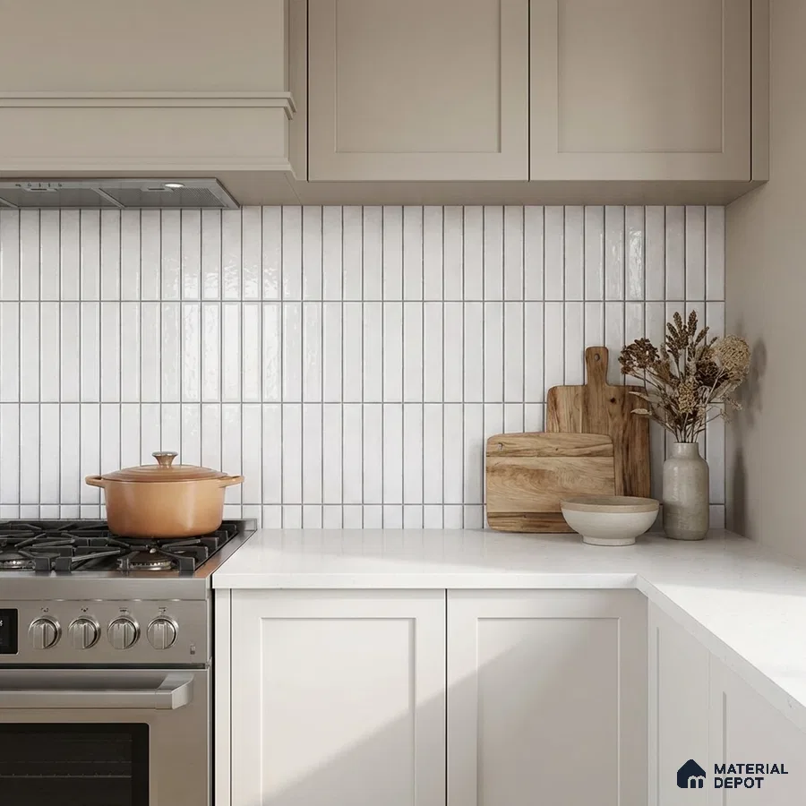 Scandinavian kitchen with white kitkat wall tiles and frosty white quartz countertop