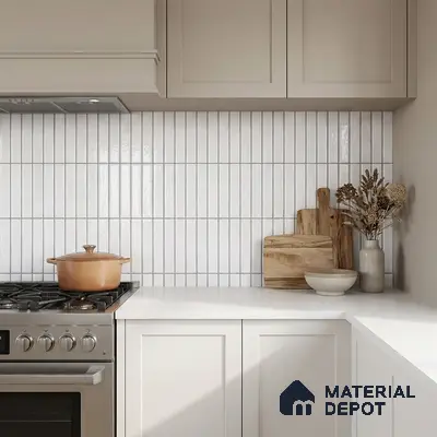 Scandinavian kitchen with white kitkat wall tiles and frosty white quartz countertop