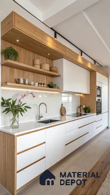 Scandinavian kitchen with white laminate cabinets, natural oak wood laminate, and fluted wood wall panels in Bengaluru | Material Depot