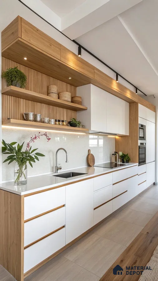Scandinavian kitchen with white laminate cabinets, natural oak wood laminate, and fluted wood wall panels in Bengaluru | Material Depot
