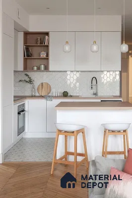 Scandinavian kitchen with white laminate cabinets, oak wood countertop, and white hexagonal backsplash tiles in Bengaluru | Material Depot