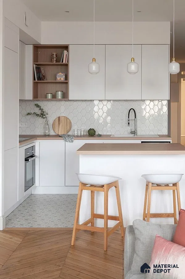 Scandinavian kitchen with white laminate cabinets, oak wood countertop, and white hexagonal backsplash tiles in Bengaluru | Material Depot