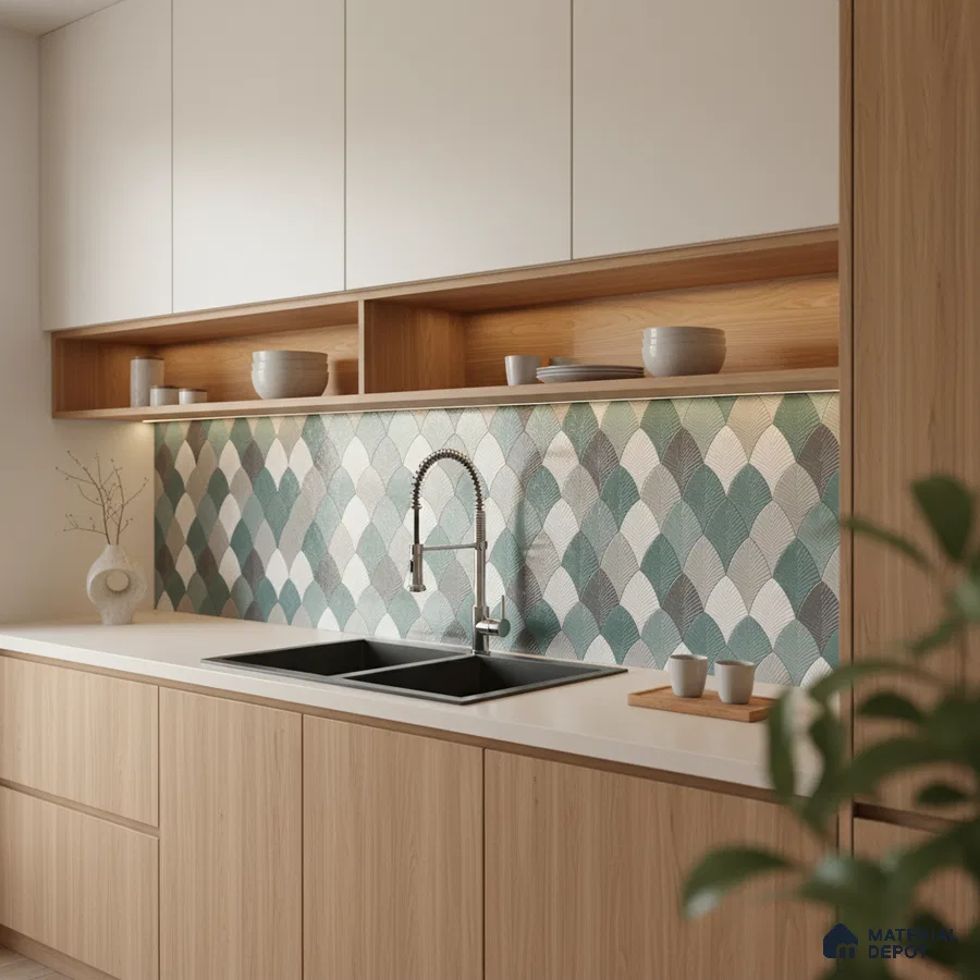 Scandinavian kitchen with white laminate, light oak laminate, and fishscale patterned blue and grey backsplash tiles in Bengaluru