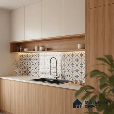Scandinavian kitchen with white laminate, light oak laminate, and geometric patterned backsplash tiles in Bengaluru