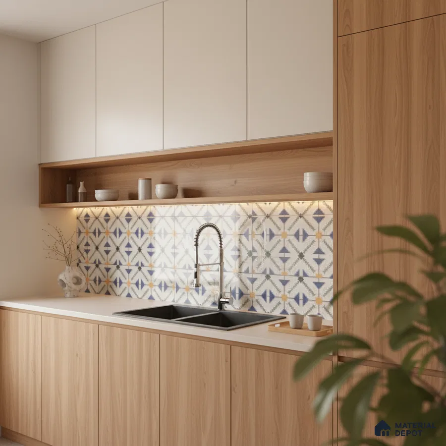 Scandinavian kitchen with white laminate, light oak laminate, and geometric patterned backsplash tiles in Bengaluru