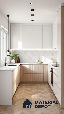 Scandinavian kitchen with white laminate, light oak laminate, marble-look backsplash, and herringbone wood flooring in Bengaluru | Material Depot