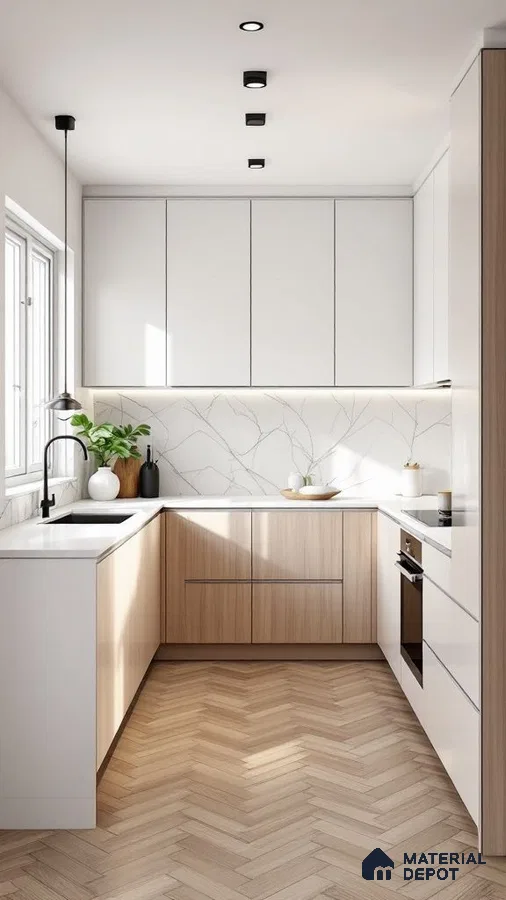 Scandinavian kitchen with white laminate, light oak laminate, marble-look backsplash, and herringbone wood flooring in Bengaluru | Material Depot