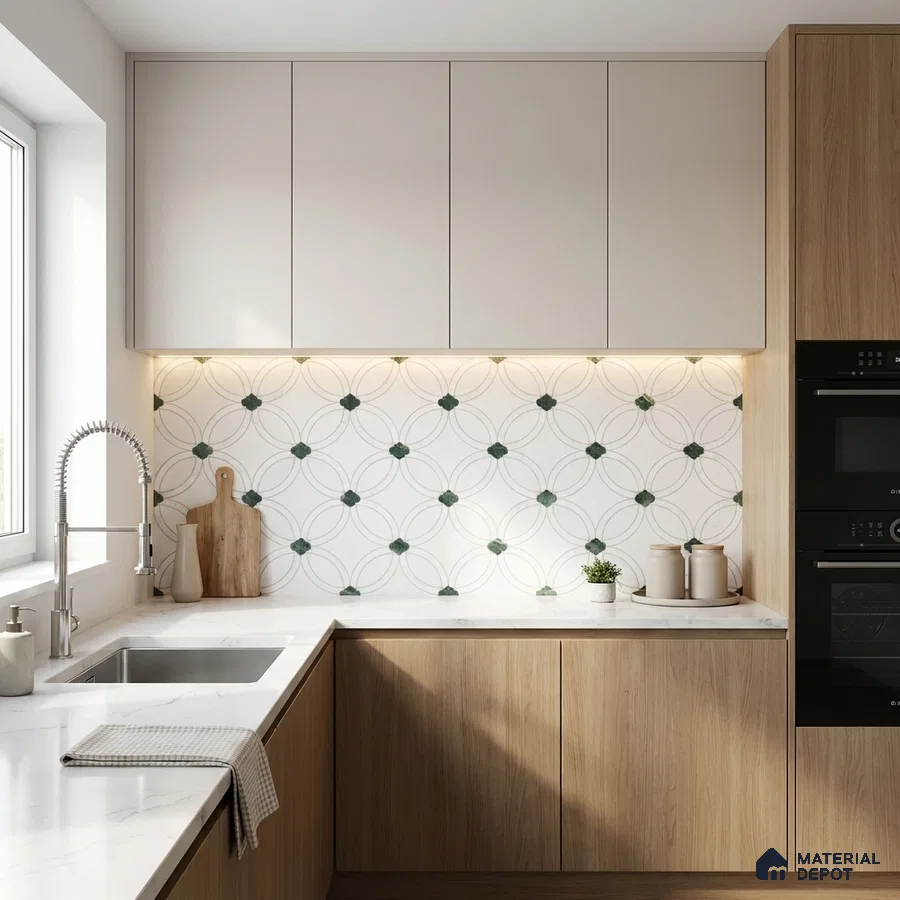 Scandinavian kitchen with white marble countertop, light oak laminate cabinets, and geometric patterned backsplash tile