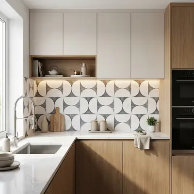 Scandinavian kitchen with white marble-look quartz countertop, light oak laminate cabinets, and geometric patterned backsplash tiles