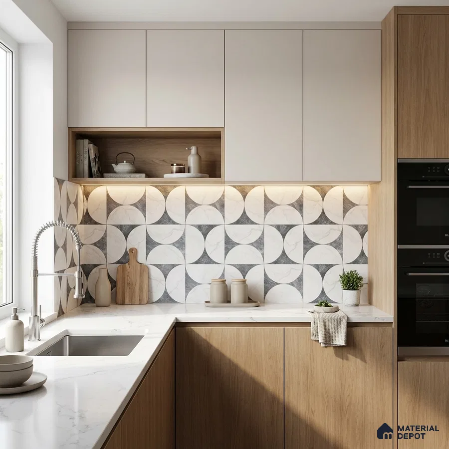 Scandinavian kitchen with white marble-look quartz countertop, light oak laminate cabinets, and geometric patterned backsplash tiles