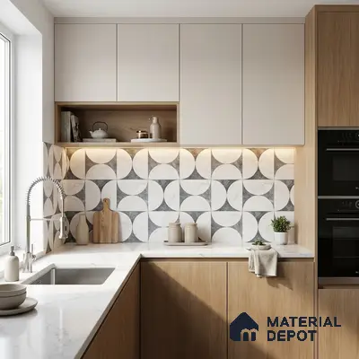 Scandinavian kitchen with white marble-look quartz countertop, light oak laminate cabinets, and geometric patterned backsplash tiles