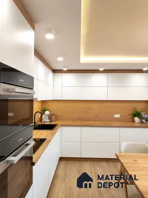 Scandinavian kitchen with white matte laminate cabinets and natural oak wood countertop in Bengaluru | Material Depot