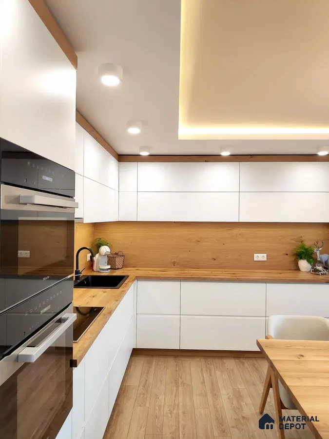 Scandinavian kitchen with white matte laminate cabinets and natural oak wood countertop in Bengaluru | Material Depot