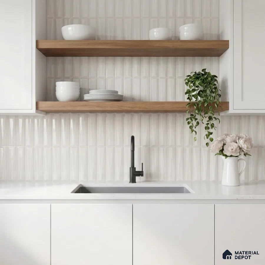 Scandinavian kitchen with white matte laminate cabinets, oak open shelves, and textured white geometric wall tiles