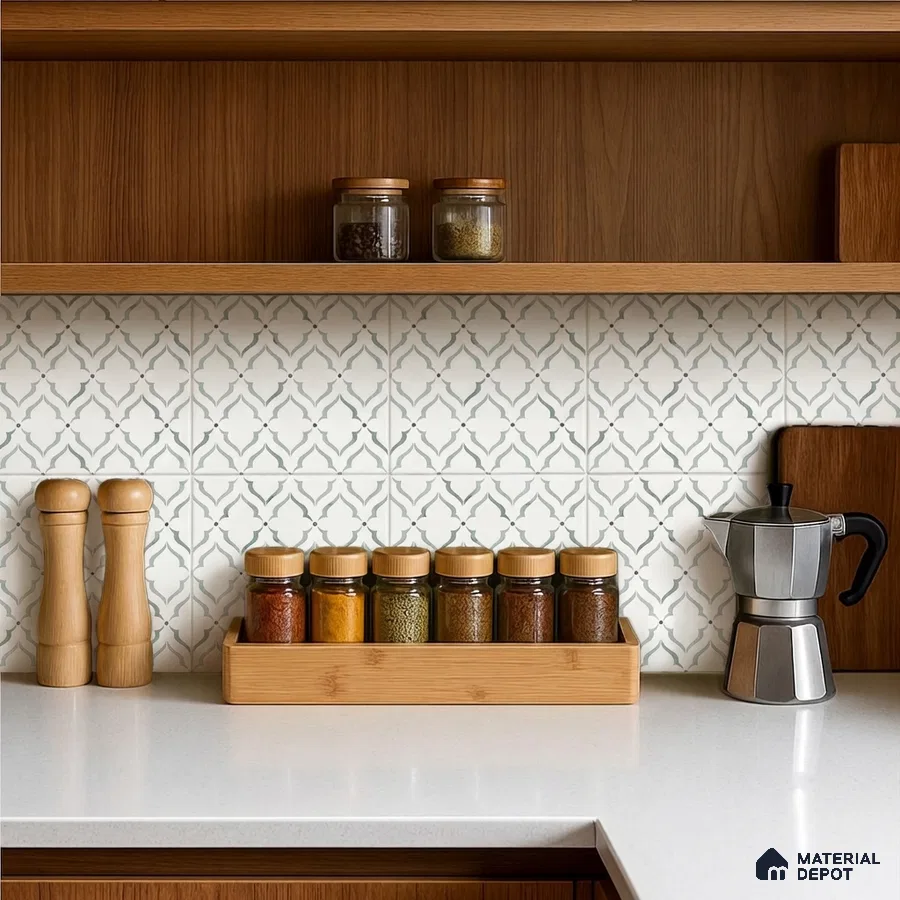 Scandinavian kitchen with white quartz countertop, oak wood laminate cabinets, and geometric patterned backsplash tiles
