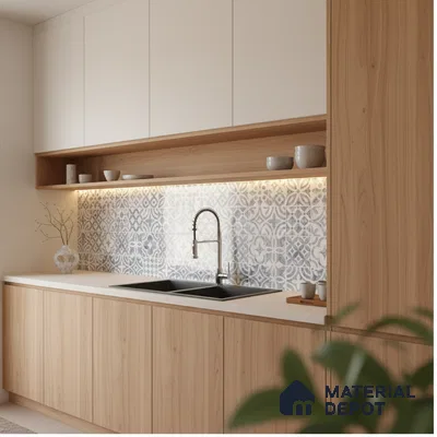 Scandinavian kitchen with white solid laminate, light oak wood laminate, and blue patterned moroccan backsplash tiles in Bengaluru