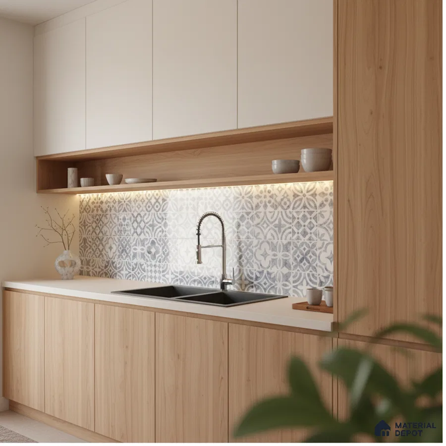 Scandinavian kitchen with white solid laminate, light oak wood laminate, and blue patterned moroccan backsplash tiles in Bengaluru