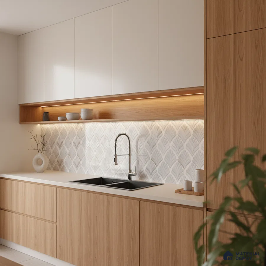 Scandinavian kitchen with white solid laminate, light oak wood laminate, and patterned backsplash tile in Bengaluru
