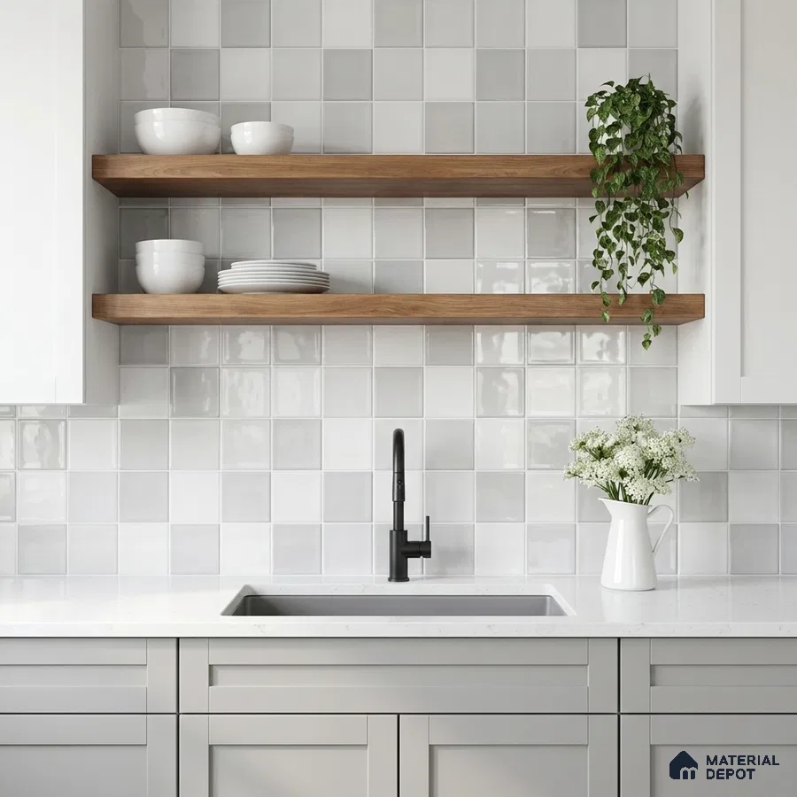 Scandinavian kitchen with white square wall tiles, white quartz countertop, and natural wood open shelves
