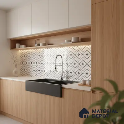 Scandinavian kitchen with white upper cabinets, light oak laminate, and geometric patterned backsplash tile in Bengaluru