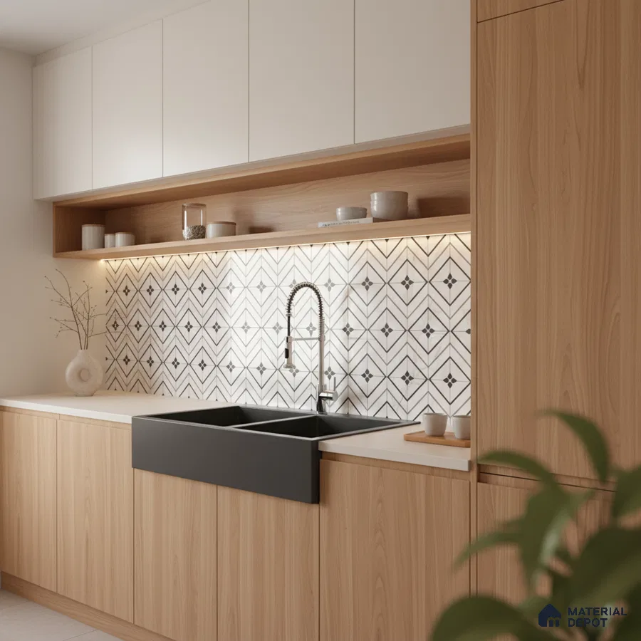 Scandinavian kitchen with white upper cabinets, light oak laminate, and geometric patterned backsplash tile in Bengaluru