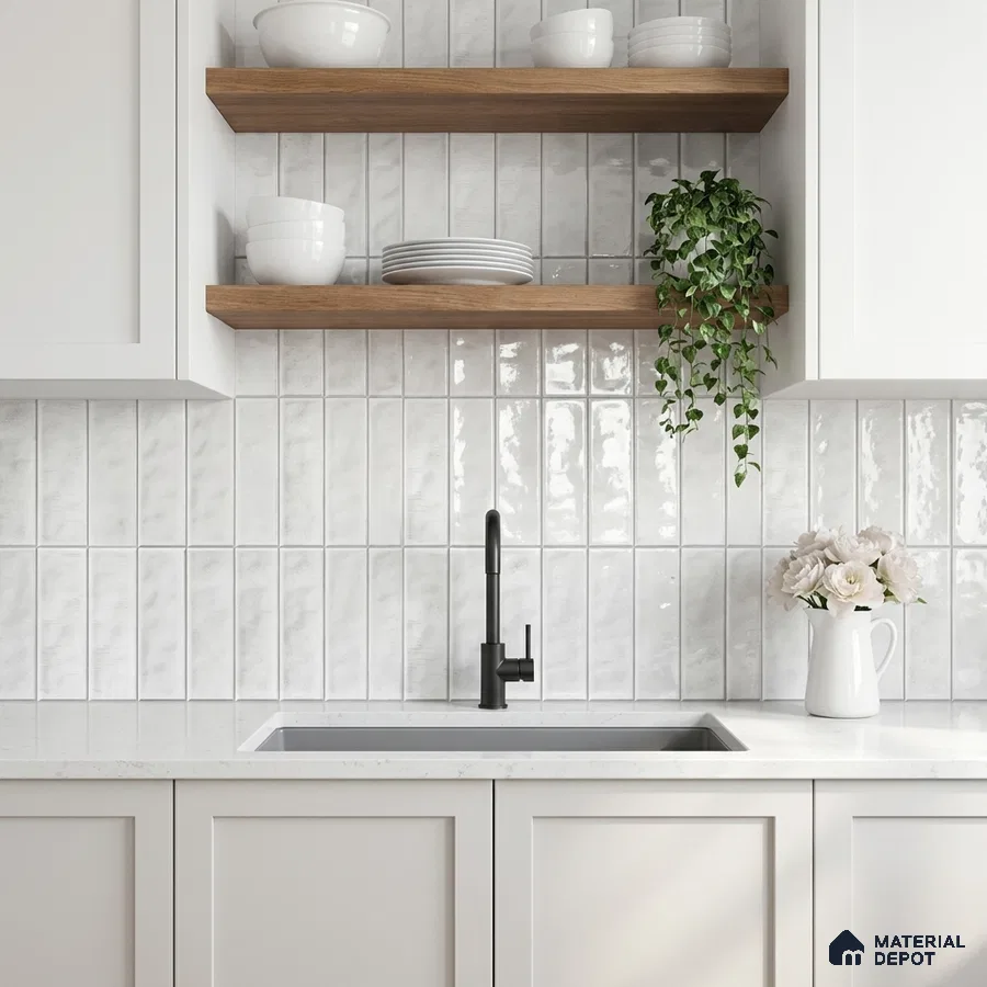 Scandinavian kitchen with white vertical subway backsplash tile, white quartz countertop, and oak open shelves
