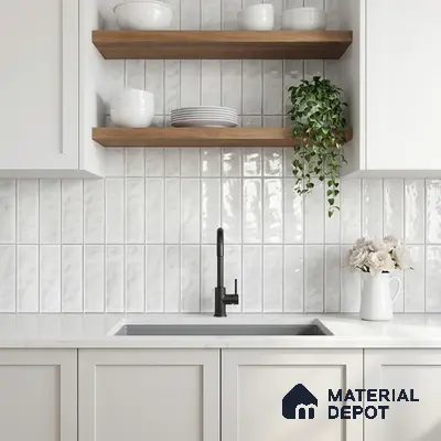 Scandinavian kitchen with white vertical subway backsplash tile, white quartz countertop, and oak open shelves
