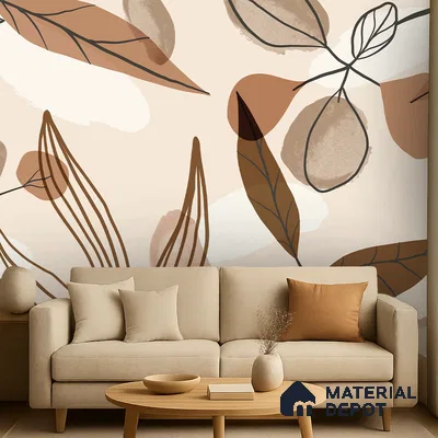 Scandinavian living room with abstract botanical wallpaper and beige fabric sofa in Bengaluru