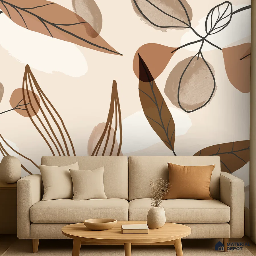 Scandinavian living room with abstract botanical wallpaper and beige fabric sofa in Bengaluru