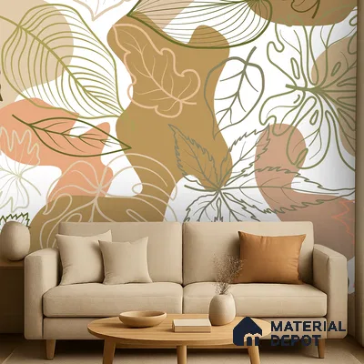 Scandinavian living room with abstract botanical wallpaper and beige fabric sofa in Bengaluru