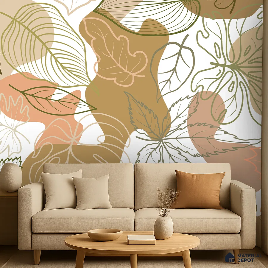 Scandinavian living room with abstract botanical wallpaper and beige fabric sofa in Bengaluru