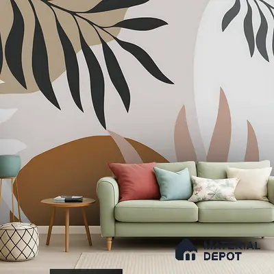 Scandinavian living room with abstract botanical wallpaper and sage green sofa in Bengaluru