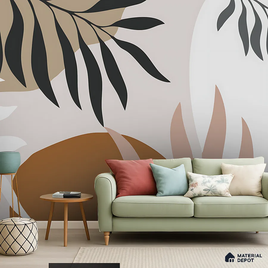 Scandinavian living room with abstract botanical wallpaper and sage green sofa in Bengaluru