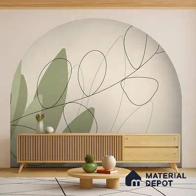 Scandinavian living room with abstract green wallpaper, light wood louver console, and pale wood flooring in Bengaluru