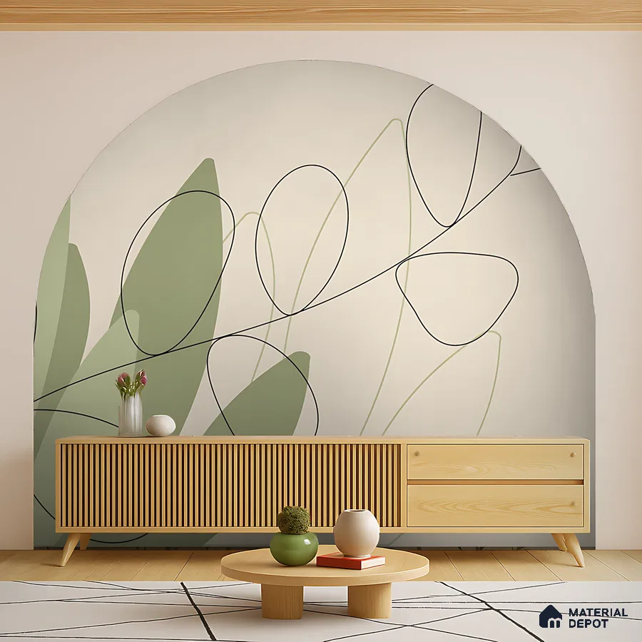 Scandinavian living room with abstract green wallpaper, light wood louver console, and pale wood flooring in Bengaluru