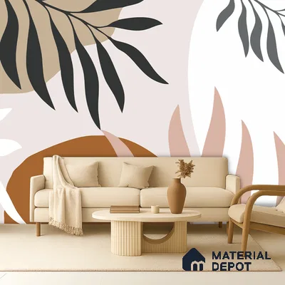 Scandinavian living room with abstract patterned wallpaper and light wood furniture in Bengaluru