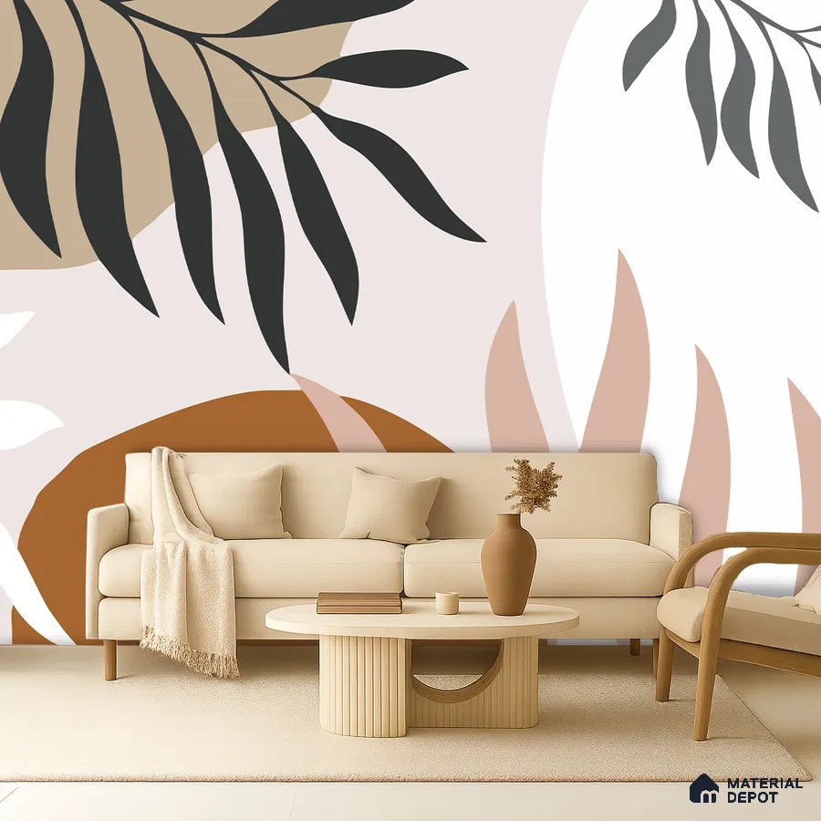 Scandinavian living room with abstract patterned wallpaper and light wood furniture in Bengaluru