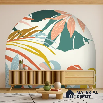 Scandinavian living room with abstract tropical wallpaper and light oak fluted console in Bengaluru