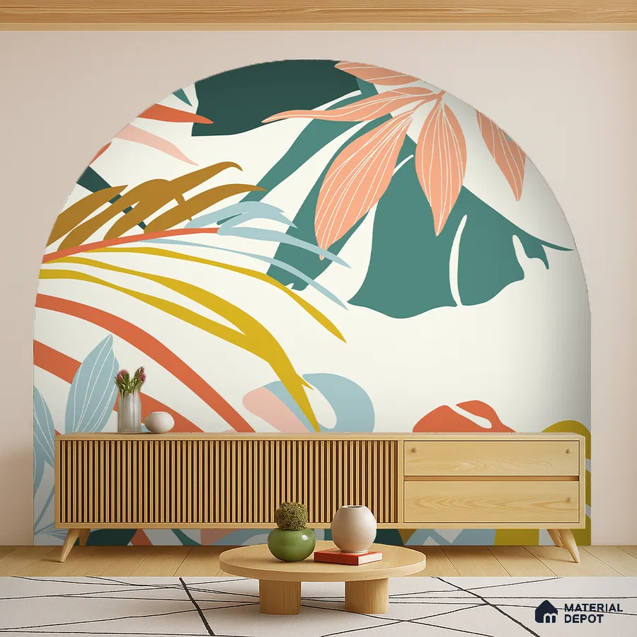Scandinavian living room with abstract tropical wallpaper and light oak fluted console in Bengaluru