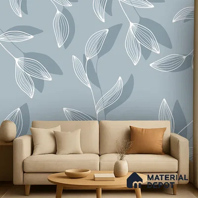 Scandinavian living room with beige fabric sofa and blue floral patterned wallpaper in Bengaluru