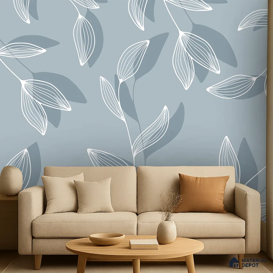 Scandinavian living room with beige fabric sofa and blue floral patterned wallpaper in Bengaluru